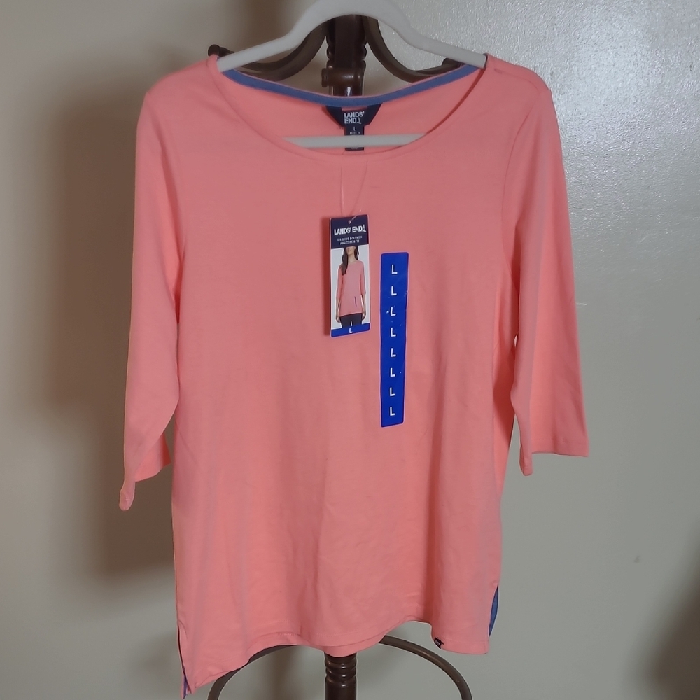 Lands' End Women's Coral Boat Neck 3/4 Sleeve Comfort Soft Pima Co